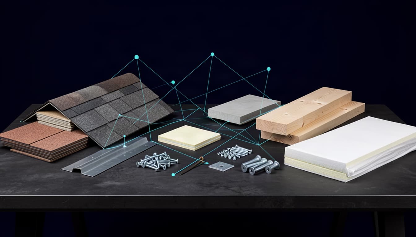 Roofing shingles, lumber, sheet material, insulation, fasteners, and flashing connected by cyan pricing data lines